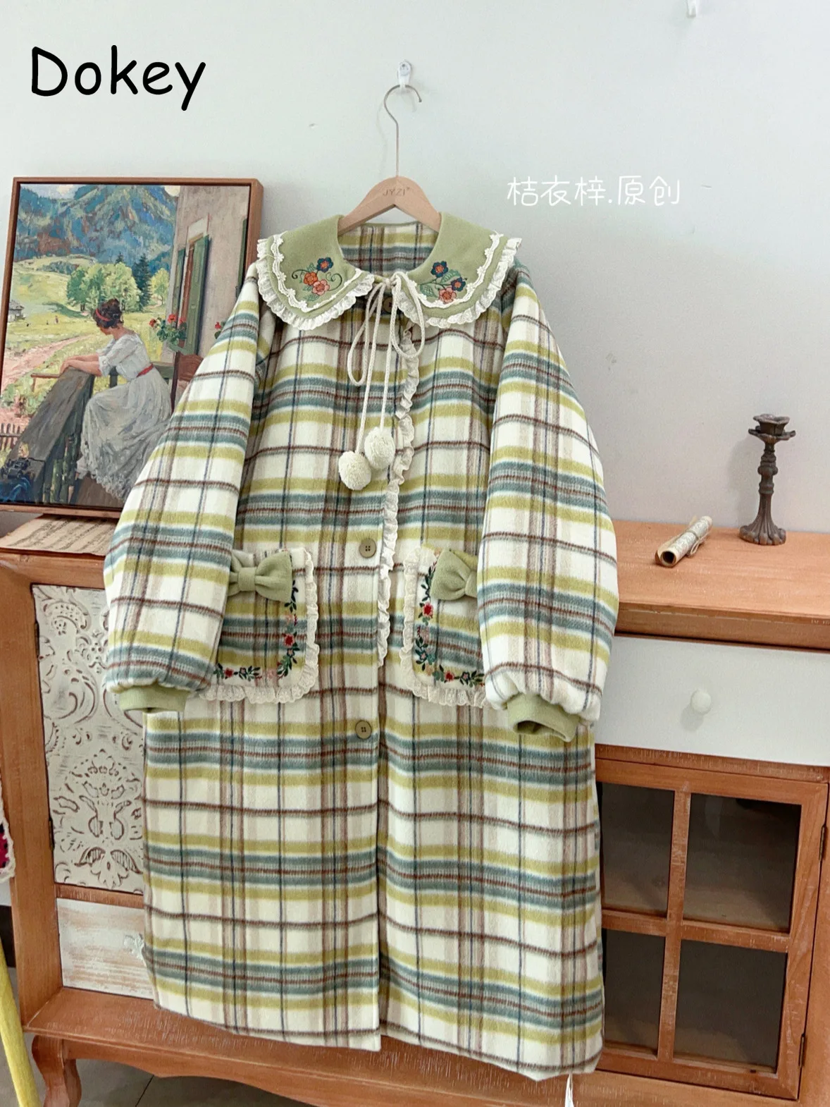 Vintage Embroidery Plaid Woolen Coat Women Autumn Japanese Mori Girls Peter Pan Collar Kawaii Long Jacket Casual Loose Outwear