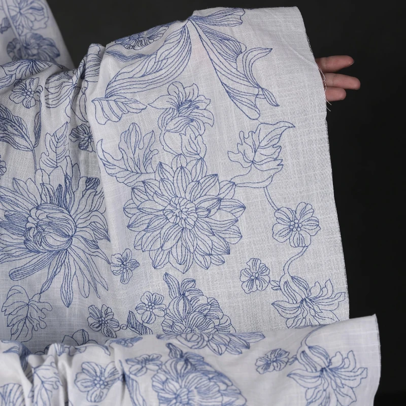 

Indigo Floral Embroidered Cotton Linen Fabric Blue White Jacquard Bohemian Dress DIY Craft Boho Skirt Designer Material