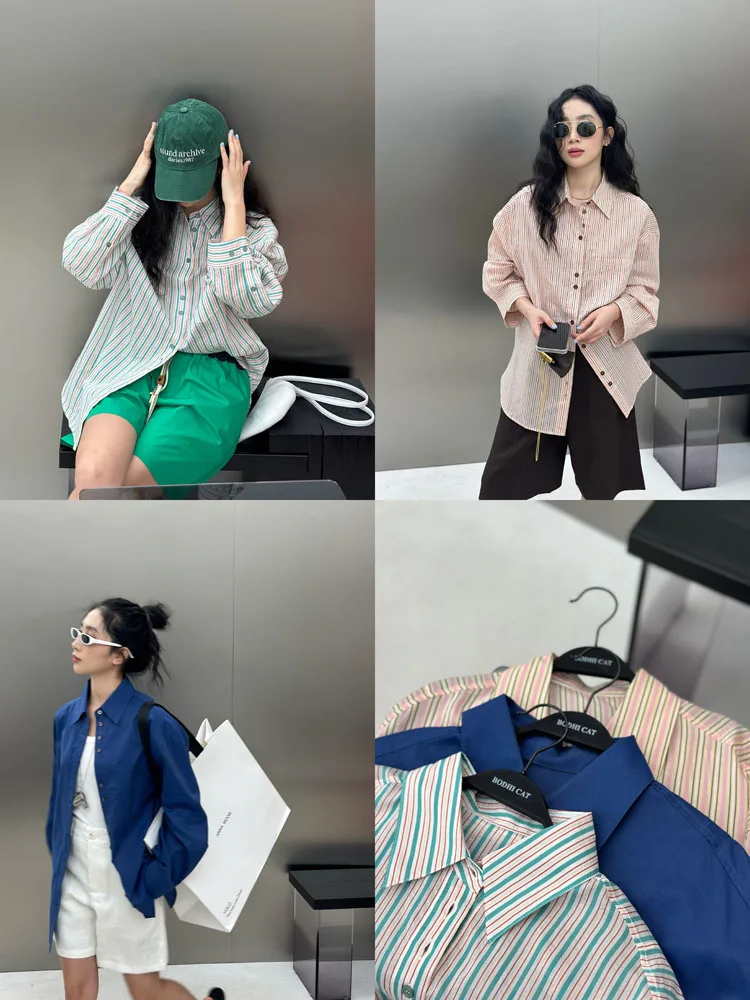

Bodhl Color Woven Cotton Silk Women's Casual irt Striped Loose Fit Long Sve Street Sle Spring Collection