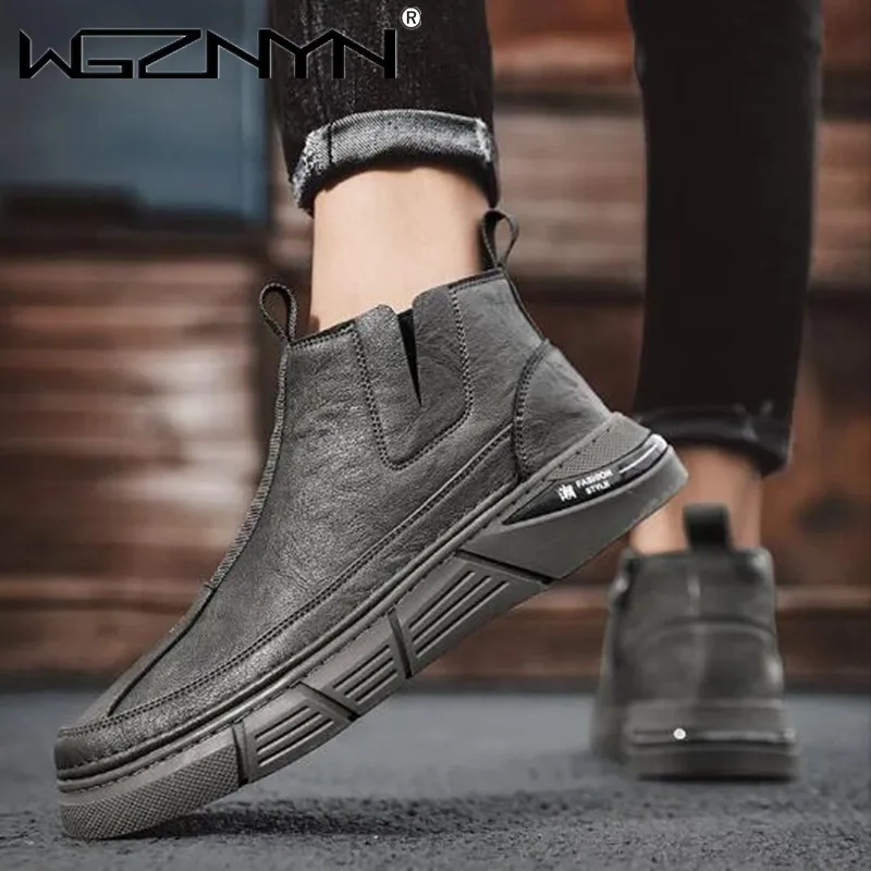 2024 Men\'s Boots Leather Casual Shoes Comfortable Breathable Solid Color Autumn Winter Men Loafers Plus Size Ankle Boots on Sale