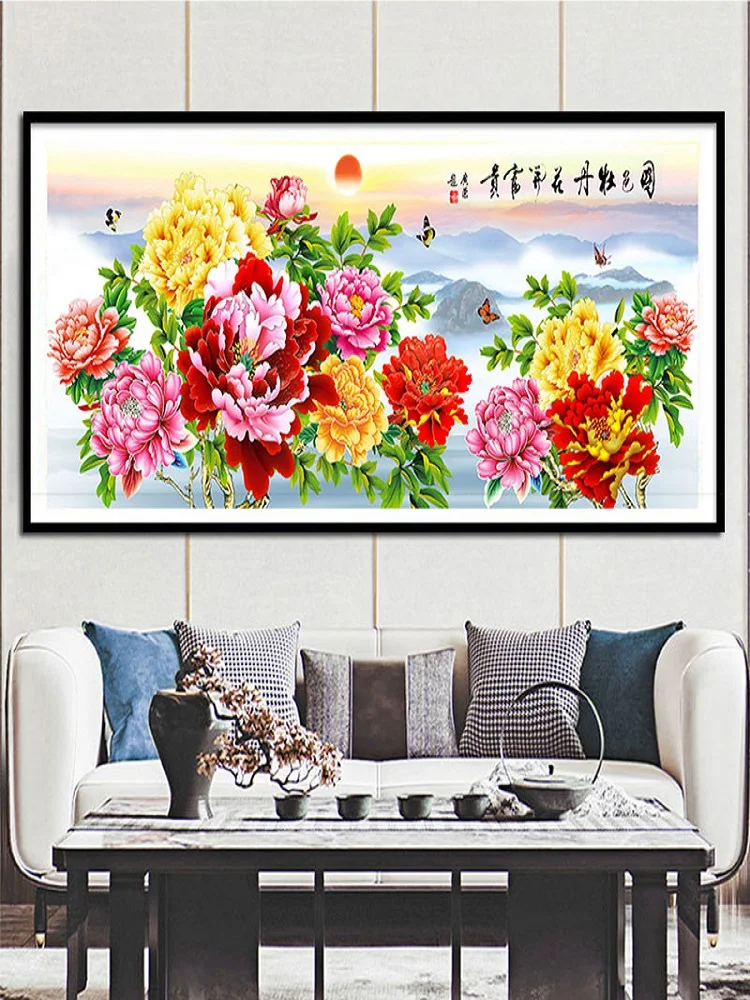 

New 2026 Peony Flower Cross Stitch Embroidery Kit Large Size Bedroom Handmade Living Room Wall Art Cotton Fabric White Color
