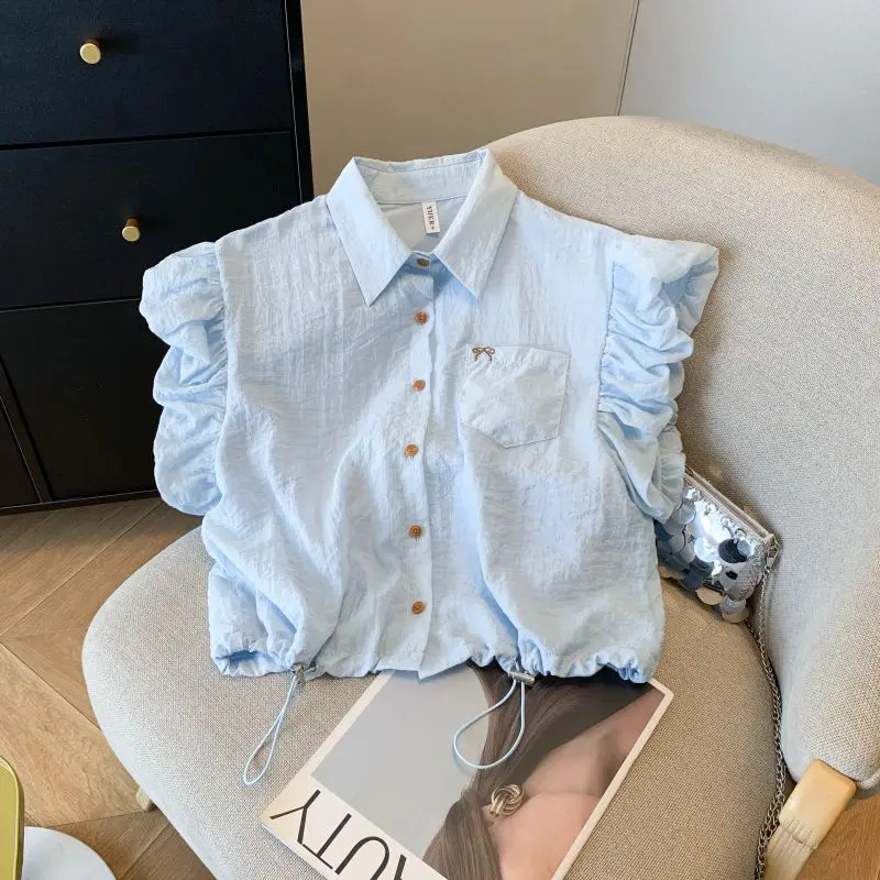 

Women Summer Bow Embroidery Flying Sleeve Shirt French Style Vintage Chic Short Style Comfortable Soft Solid Tops