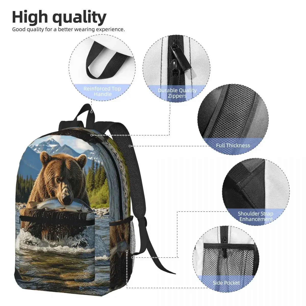 Grizzly Bear Nature Eating Fish In Stream Backpack Daypack Large Capacity Boys Girls BookBag School Bag Shoulder Bags for Unisex