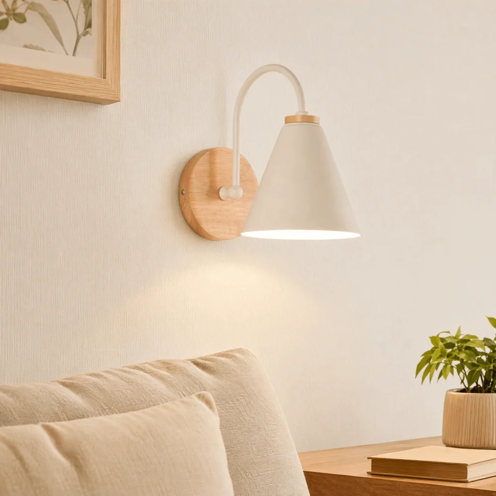 Modern AC 85-265V Wall Lamp Curved Wooden Base Wall Sconce No Light Source Conical Iron Shade Wall Light Loft Spaces