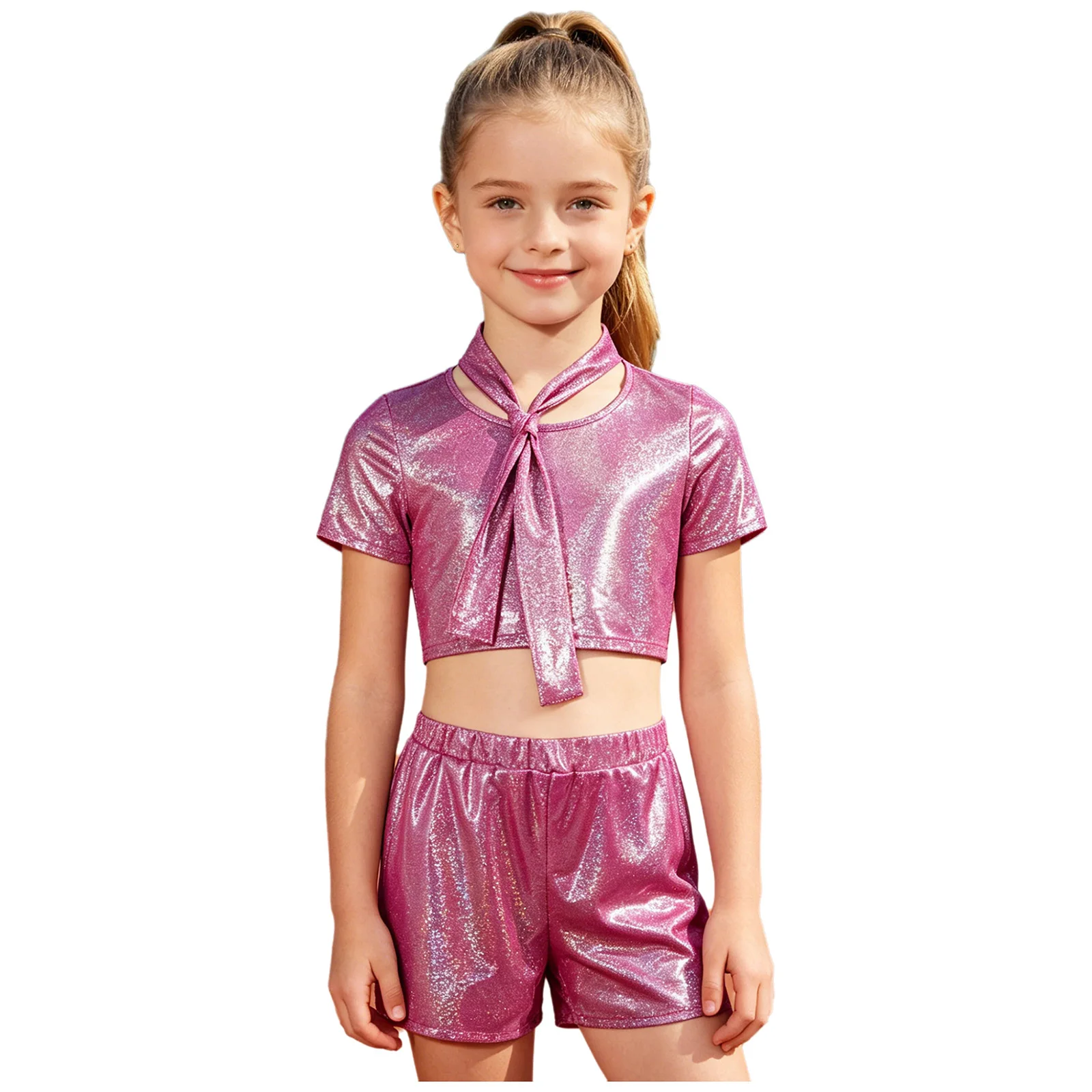 Kids Girls Latin Jazz Dance Outfit Short-sleeve Metallic Necktie T-shirt with Elastic Waistband Shorts for Rhythmic School Stage