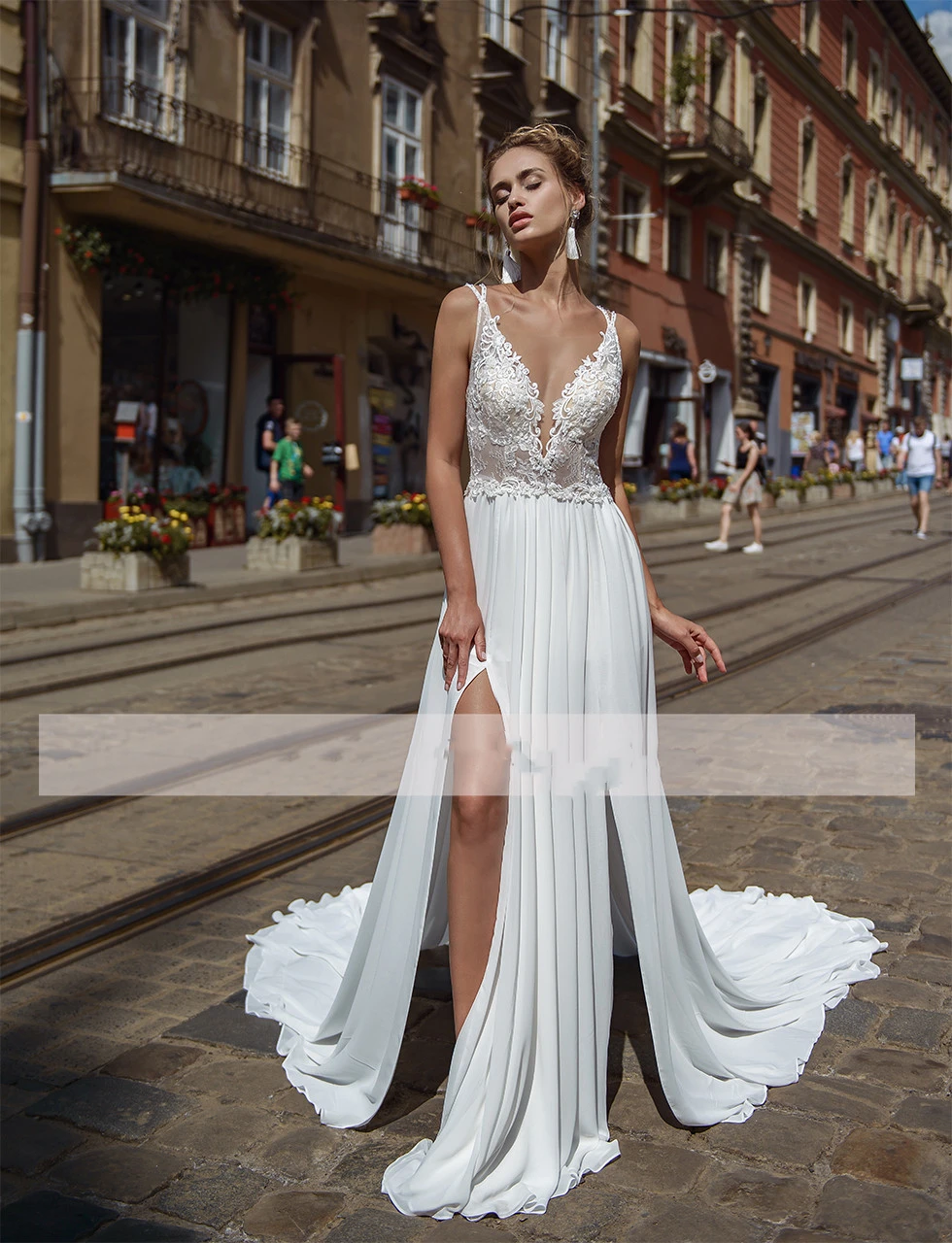 

Simple Deep V-Neck Spaghetti Strap Chiffon Wedding Dress Appliques Backless Bridal Gowns For Women Robe De Mariée Sur Mesure