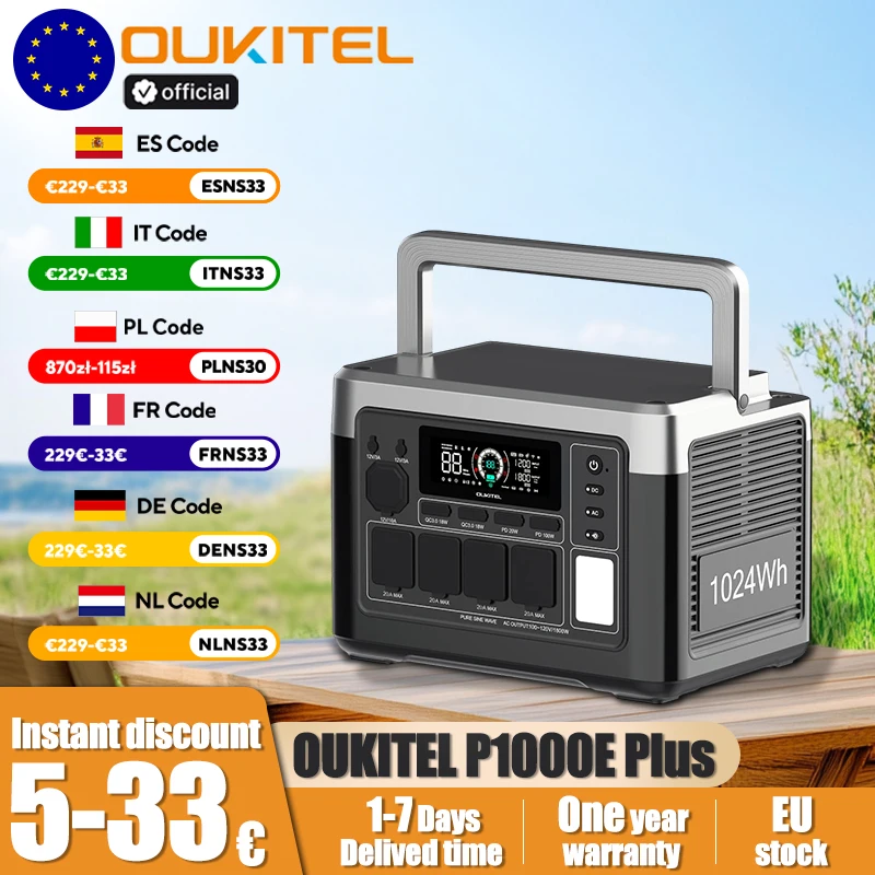 OUKITEL P1000E Plus Tragbares Kraftwerk 1800 W Ausgangsleistung 1024 Wh LiFePO4 Familie Outdoor Camping Backup Power Mobile Power