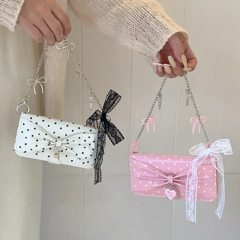 

Fashion Polka Dot Cute Bowknot Glossy Leather Phone Case For iPhone 17 Pro 16 15 Pro Max Cover with Chain Korean Lovely Cases Fu