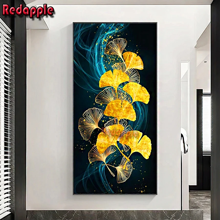 

Gold And Blue Ginkgo Leaves Diamond Paintin full round Diamond embroidery 5d diy diamond mosaic square abstract Canvas Painting