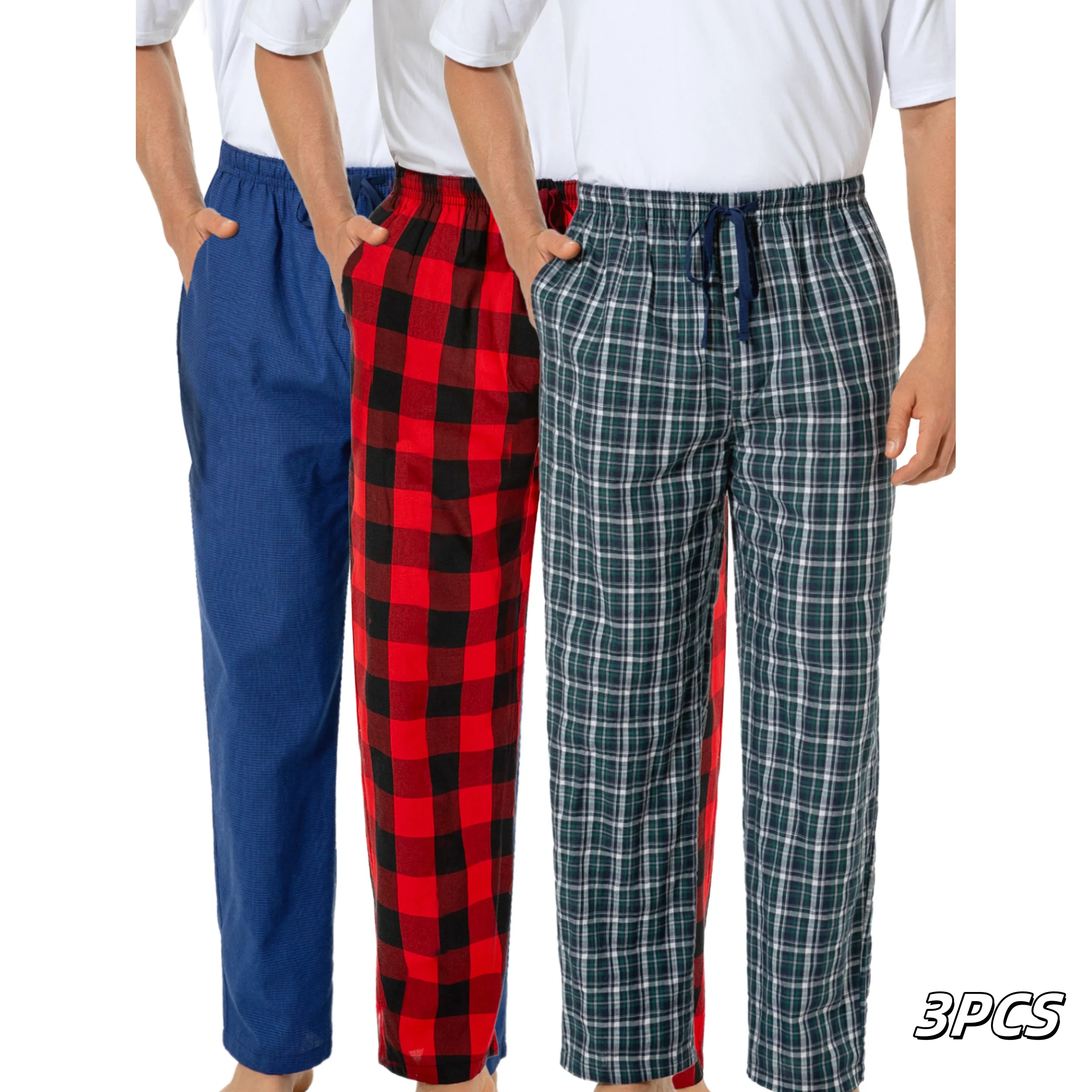 3-teilige Herren-Pyjamahose aus Baumwolle, schlicht kariert, Freizeithose, trendige elastische Taille mit Kordelzugtaschen, Heim-Pyjama-Hose