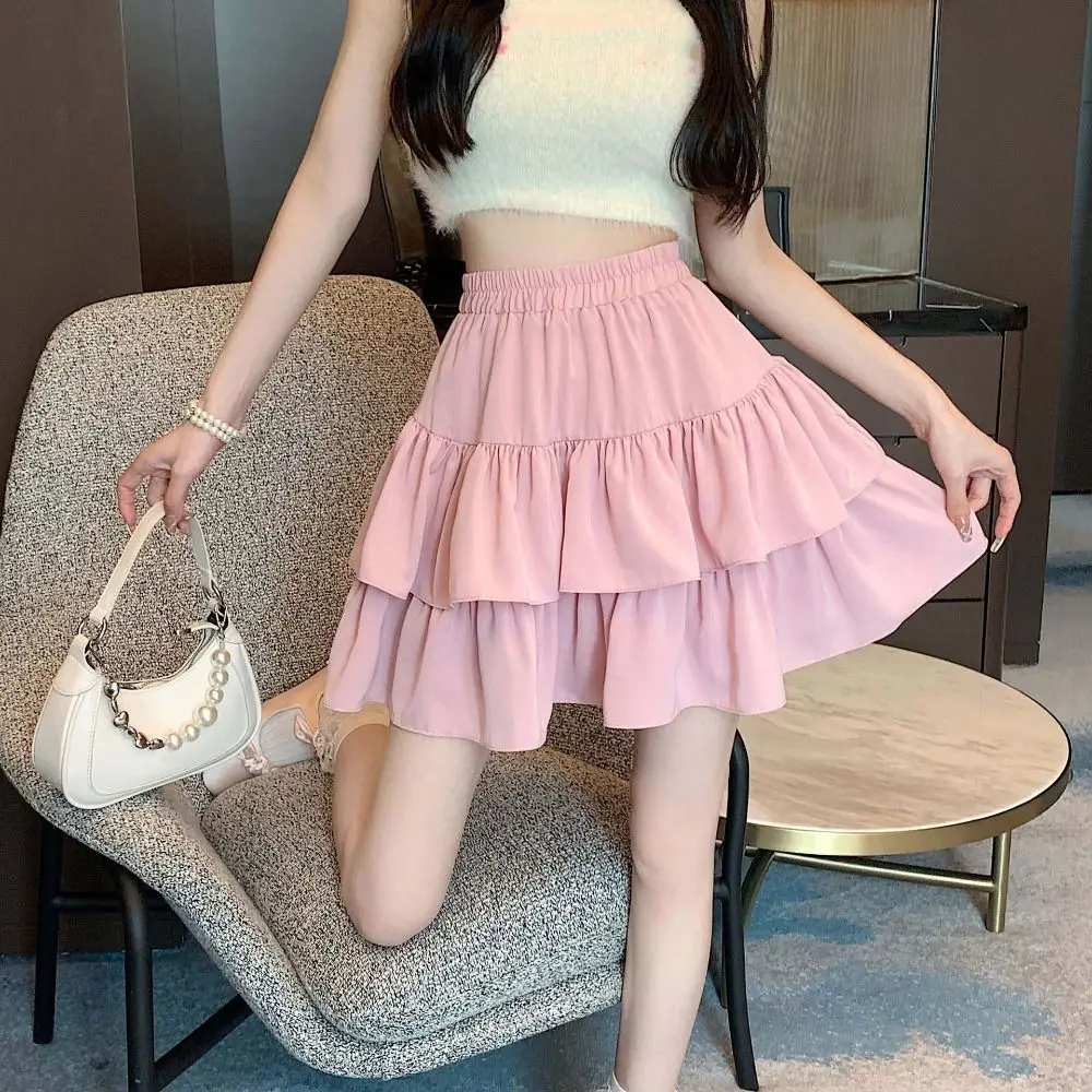 Rok Kue Pinggang Tinggi A-line Rok Mini Berbulu Berlipat Pinggang Elastis Lapisan Ganda Rok Setengah Tubuh Wanita Harajuku