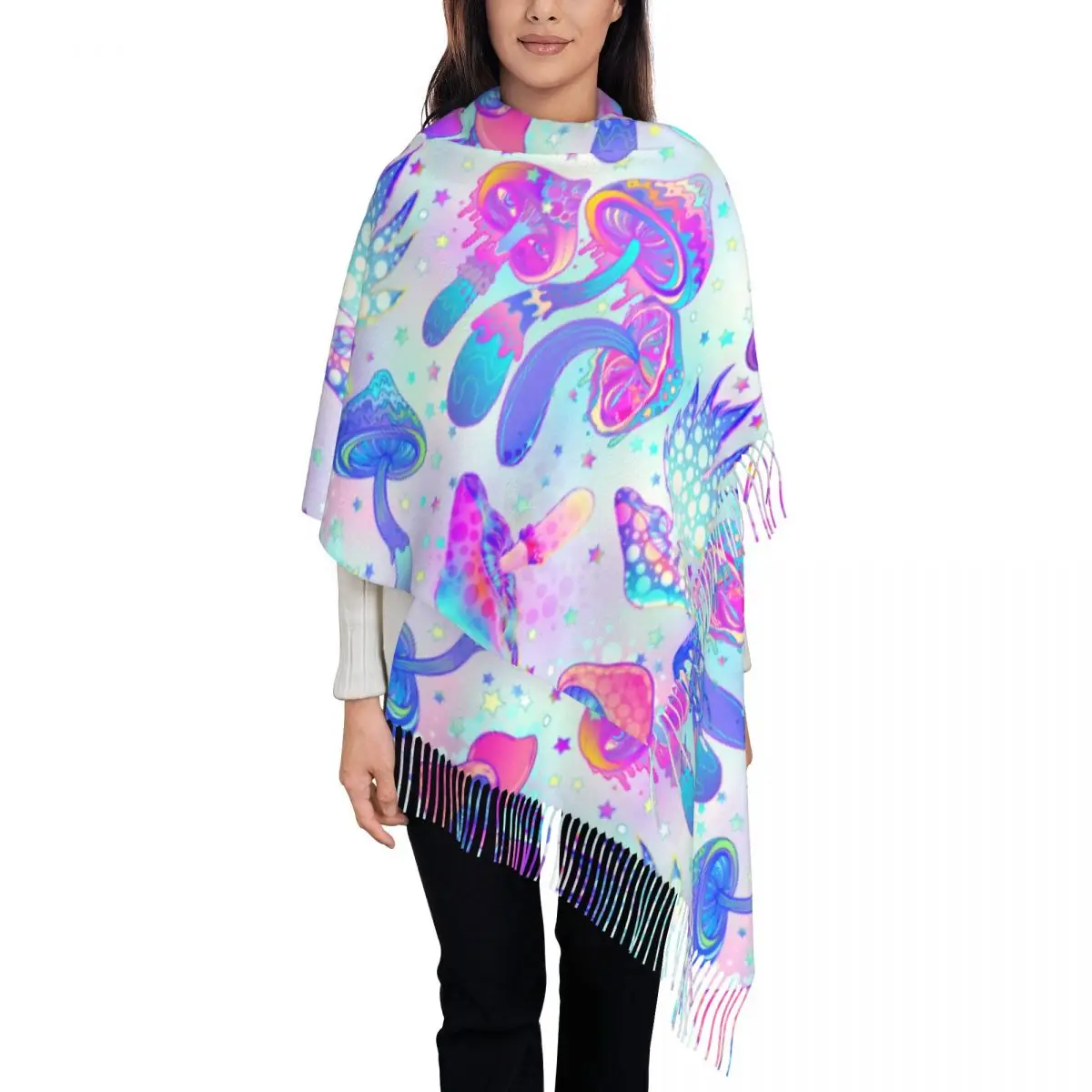 Custom Magic Psychedelic Mushrooms Pattern Trippy Music Tassel Scarf Women Soft Shawls Wraps Ladies Winter Fall Scarves