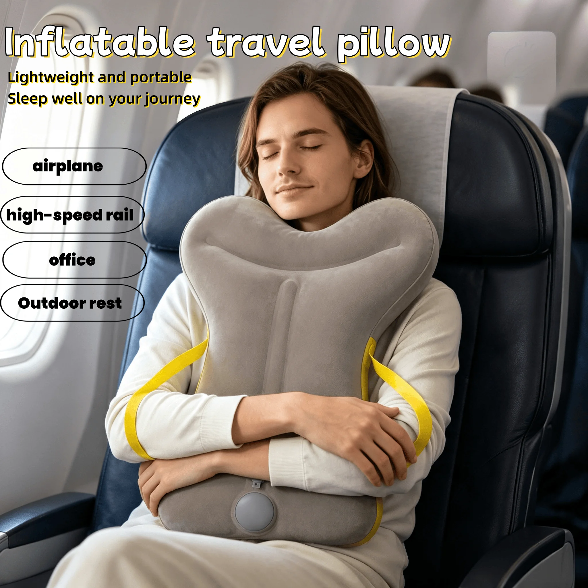 Portable Lightweight Inflatable Travel Pillow Hugging Neck Support for Airplane High-Speed Rail Office Napping