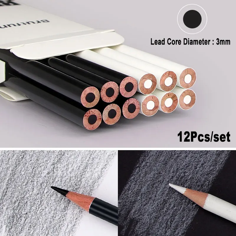 12Pcs Set Art Sketch Oily Pencil Round Handle Black White Color 3.0mm Lead Core For Shadow Highlight Details Drawing Processing