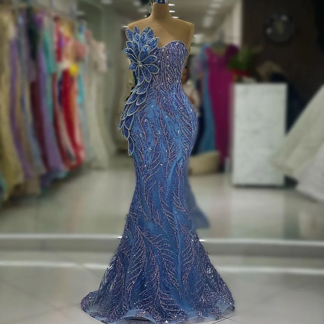 Blu lungo 5D foglia abito da festa di nozze lunga sirena abiti da ballo formali su misura eleganti abiti da sera da spettacolo Aso Ebi