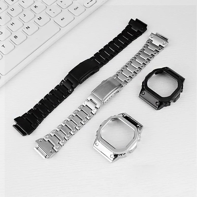 Modified set watchband+case for Casio small square DW-H5600 modified stainless steel case watch strap metal accessories bracelet