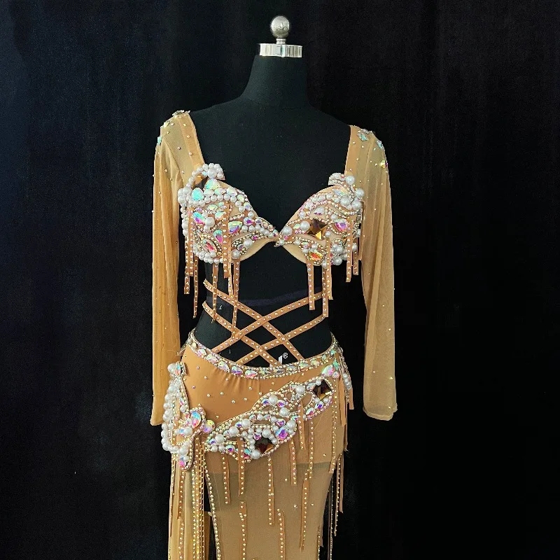 Customized Belly Dance Costumes Oriental Dance Performance Dress Popping Classic Team Competition Uniform Bra Belt Long Skirt
