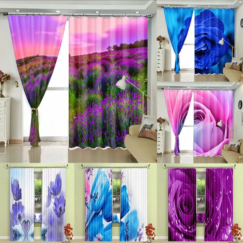 

Flower Curtains for Bedroom Living Room Window Curtain Block Sunlight Semi Blackout High Shading Home Decor 3D Purple Blue New