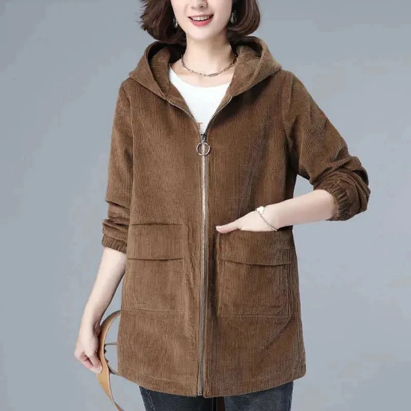 Hooded Corduroy Jacket Women 2024 New Spring Autumn Korean Loose Outwear Middle-aged mother Female Casual Windbreaker Outwear