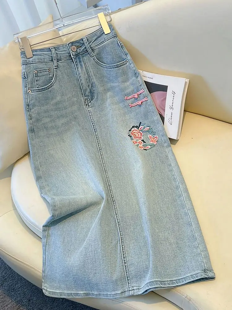 

High Waist Embroidered Denim Midi Skirt Women's Split A-Line Skirt Bodycon Skirt Spring Summer New Arrival Chinese Style