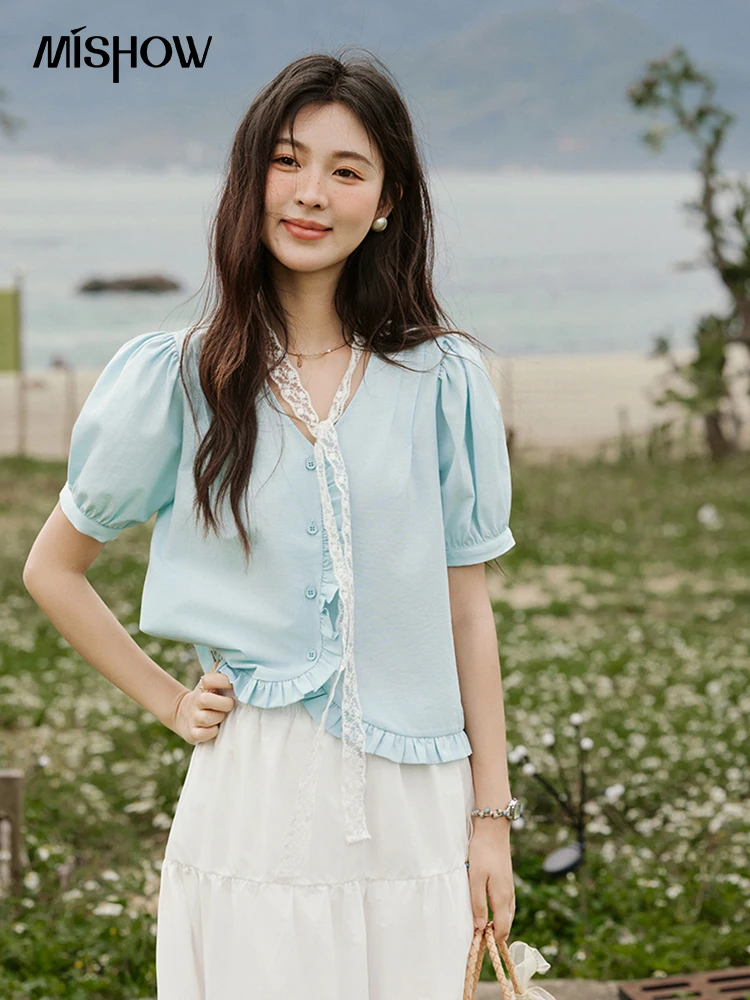 

MISHOW French Summer Shirts Women 2025 New Short Puff Sleeve V-neck Solid Lace Ruffle Blouses Female Fashion Tops MXE32C0781