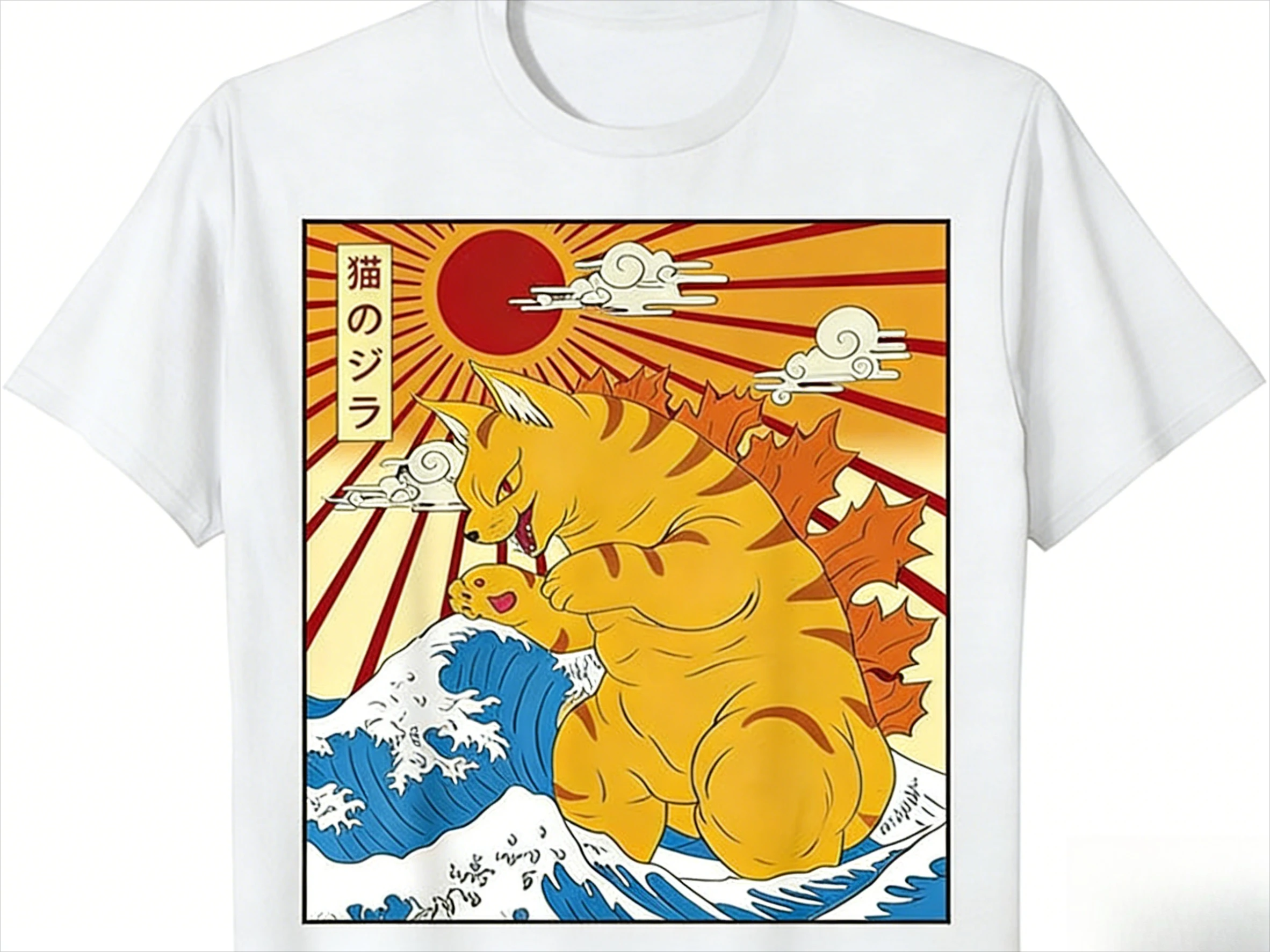 تي شيرت Cat & Wave Print مضحك ياباني Cat Meme بأكمام قصيرة - تي شيرت كاجوال للجنسين بنمط Y2K ثقيل الوزن من القطن برسوم جرافيك