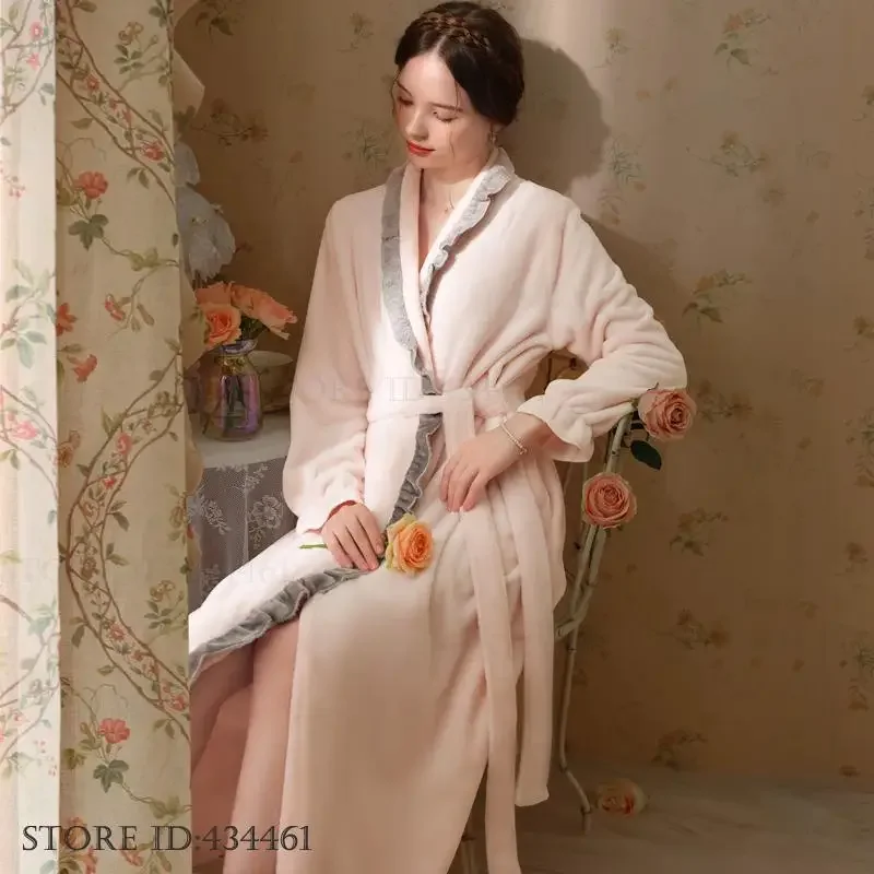 Pink Flannel Female Long Robe Loungewear Elegant French Court Style Sleepwear Kimono Bathrobe Gown Autumn Winter Lounge Wear