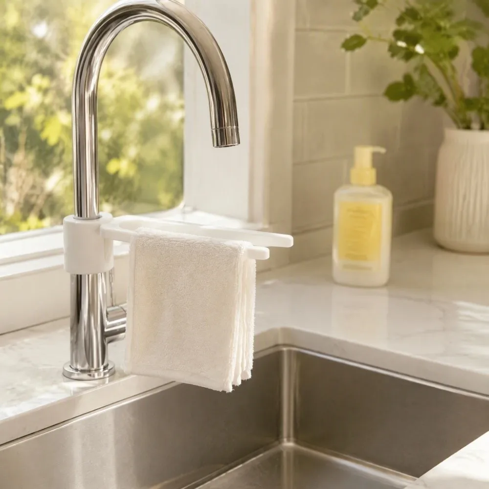 Simpl Adjustable Faucet Towel Rack No-Drill Universal Kitchen Towel Rack Long Arm Plastic Drying Organizer Home Kitchen