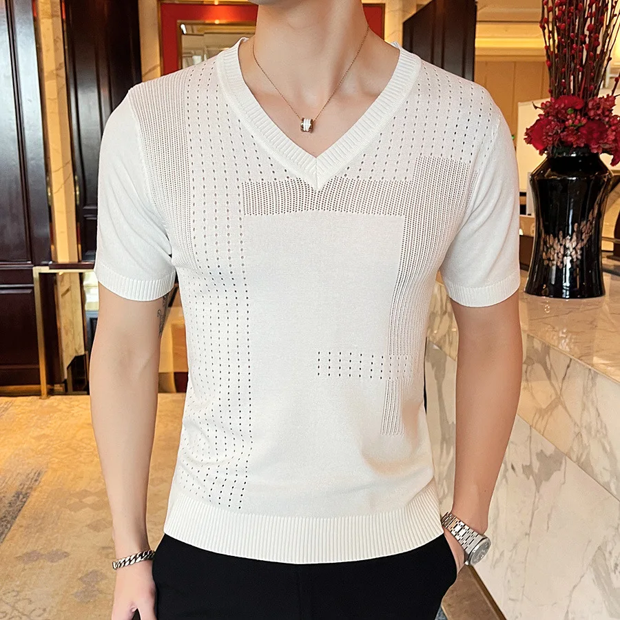 

Summer Ice Silk Hollow Out Knitted T-shirt For Men Thin Elastic Breathable Short Sleeved Tops Fashion Slim Fit Knitting Tshirts