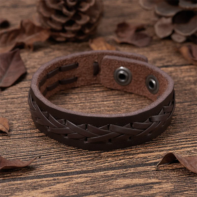 Vintage Black Brown Braided Wide Wrap Bracelets For Men Punk Buckle Leather Bracelet & Bangle Couple Wristband Jewelry Male Gift