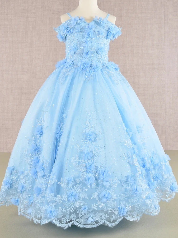 

Flower Girl Dresses Sky Blue Tulle Puffy Flory Appliques Sleeveless For Wedding Birthday Party Banquet Princess Gowns