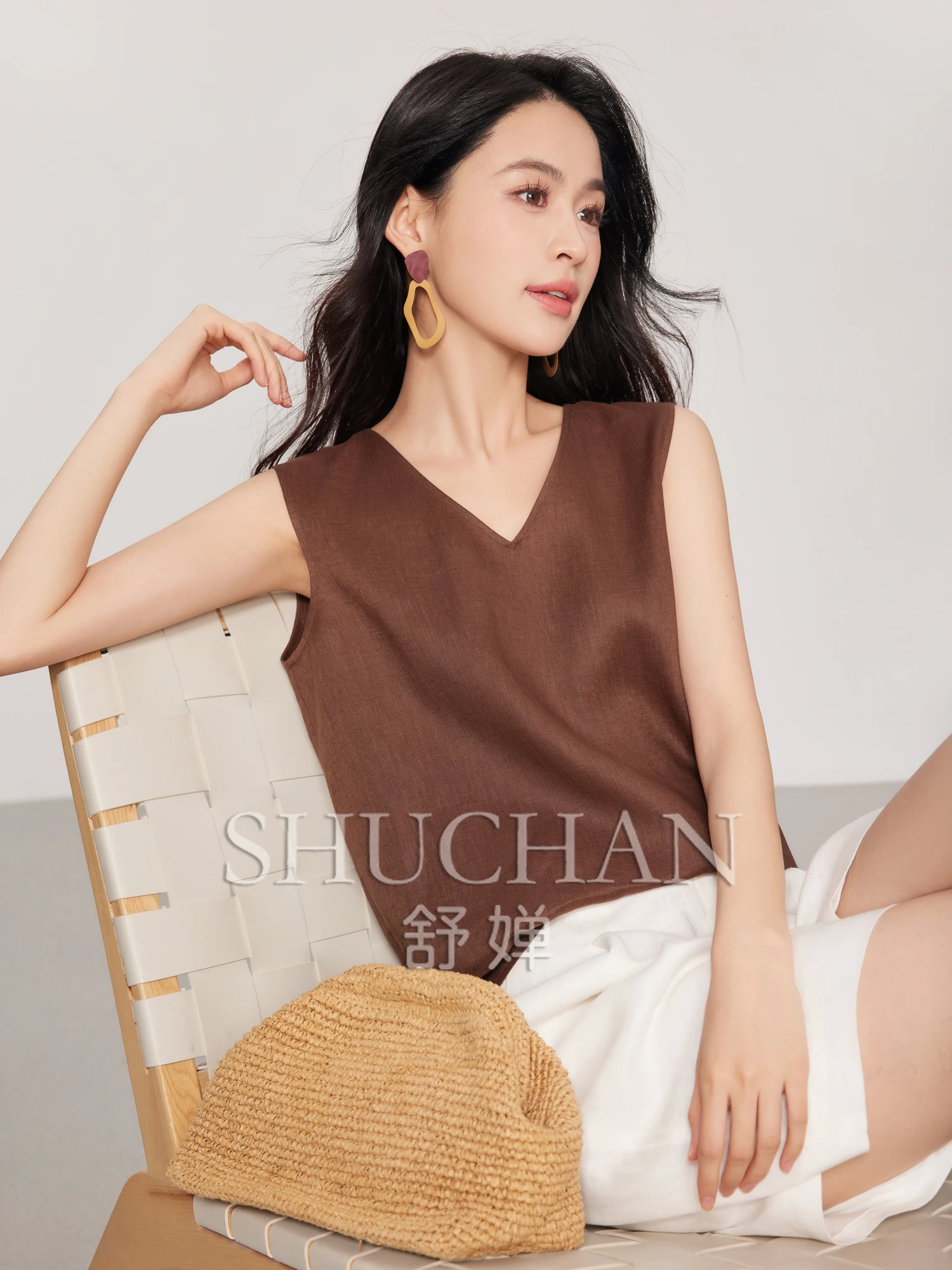 

Natural Linen Backless Drawstring Lace + Beaded Decorative V-neck Sleeveless Shirt and Blouse Women