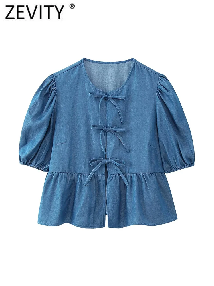 Zevity Women Sweet Bow Tied Imitation Denim Smock Blouse Female Chic Pleats Puff Sleeve Casual Ruffles Shirt Blusas Tops LS319