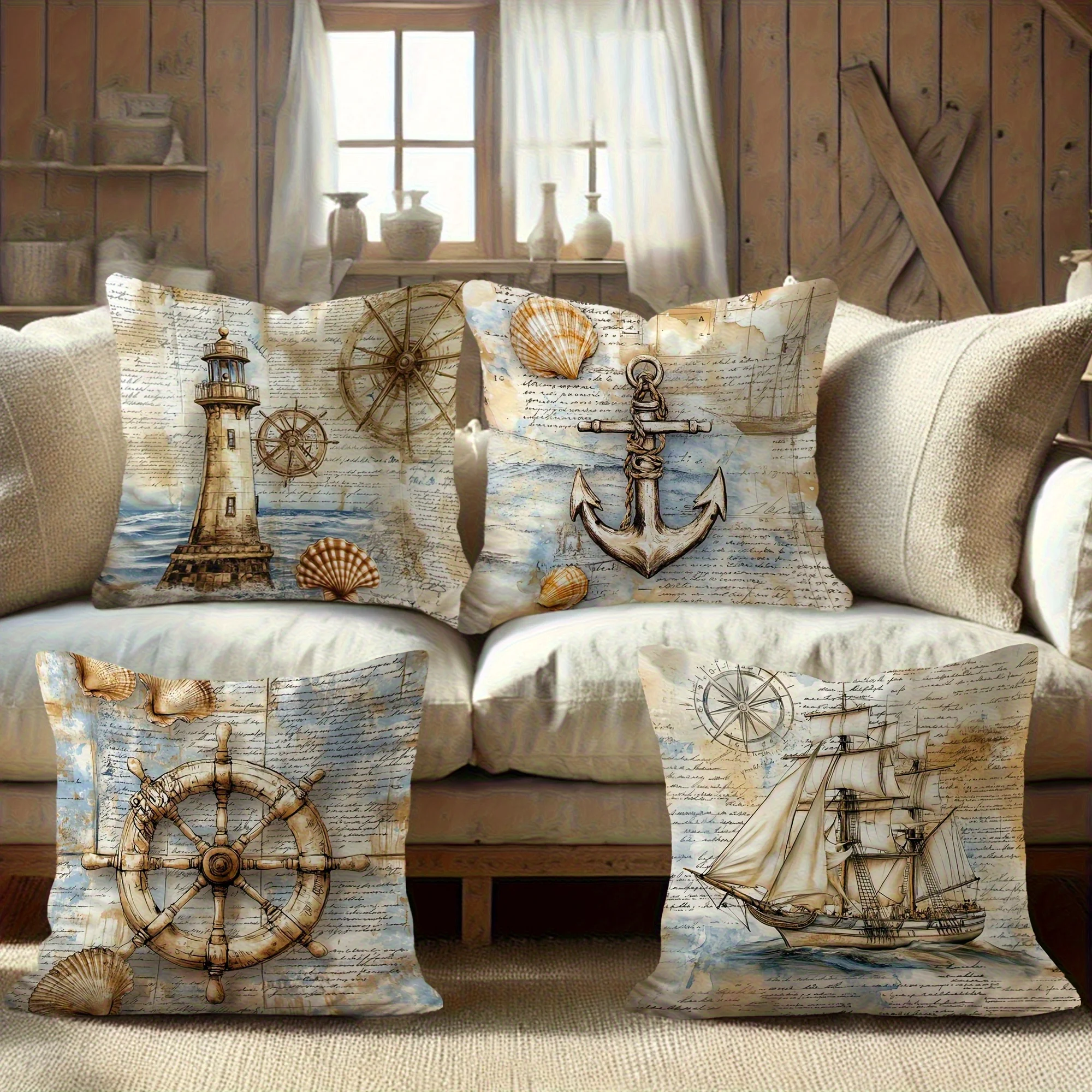 4Pcs Maritime Decor Pillow Covers - Classic Nautical Motif Printed Cushion Covers for Coastal Home De