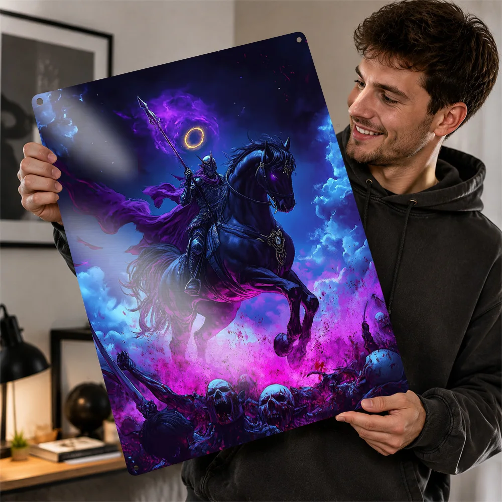 Dark Knight Riding Black Horse Printed Poster Customized Aluminum Metal Sign Vivid Magical Adventure Wall Art For Story Lovers