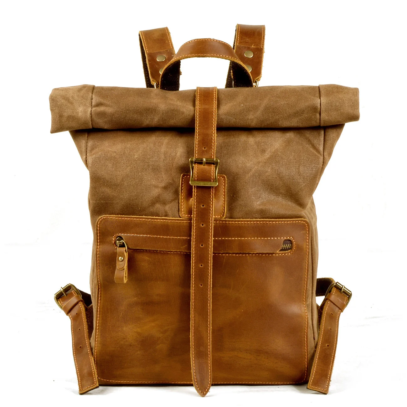 2024 new simple retro wax canvas backpack men's casual with leather bag square school