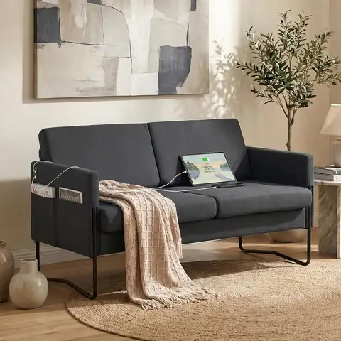 51" Small Black Loveseat Sofa with USB Ports, Mini Couch for Living Room