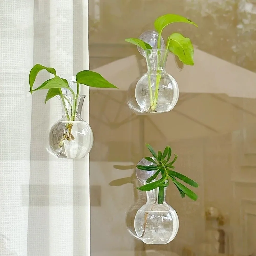 4pcs/set Transparent Wall Mounted Vase with Suction Cups Plant Stem Bottles Mini Flower Pot Self-Watering Plant Hydroponic Vase