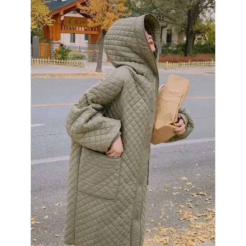 Checkered Hooded Cotton Jacket for Women's Mid Length 2023 New Autumn/winter Loose Fitting Fashionable Lightweight  WED-1987