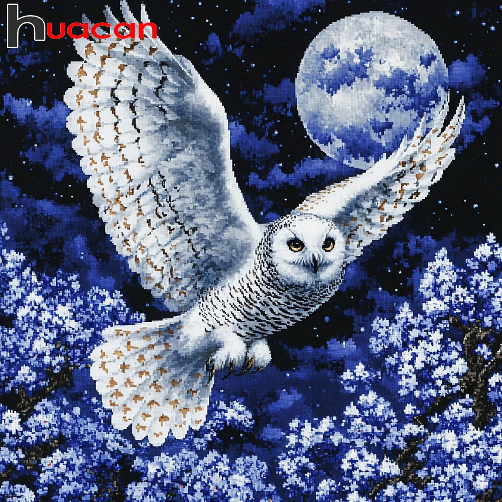 Huacan Vollquadratisches und Rundes Diamant-Malerei-Set Eule und Mond Diamant-Mosaik Tier-Landschaft Komplettes Set Wanddekoration