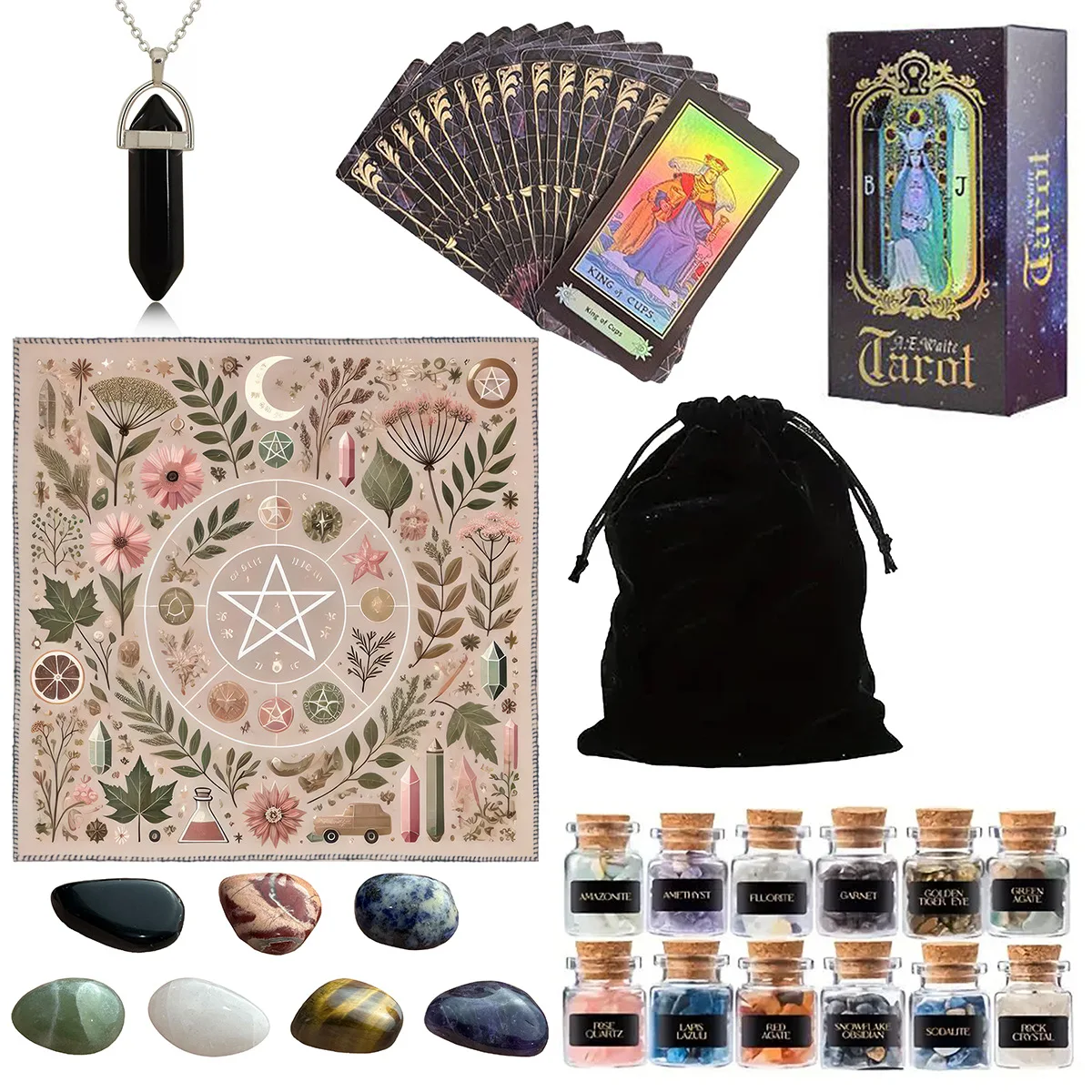 Complete Witch Divination Tarot Kit Cards Set with Botanical Pentacle Altar Tarot Cloth Crystal Pendant Beginner Wicca Supplies