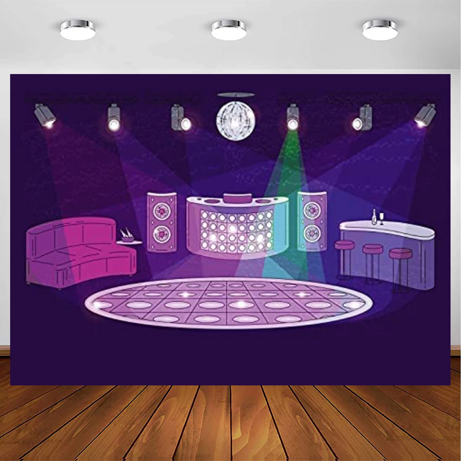 Cartoon Disco Round Stage Photography Backdrop Purple Light Nightclub KTV Music Dance Party Wall Art Decor Sliver Ball