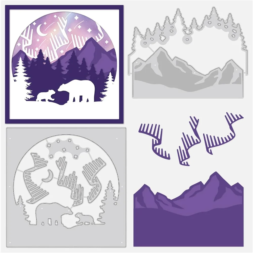 2pcs Northern Lights Pattern Cutting Dies Stencils Metal Forest Bear Mountain Scrapbooking Embossing for Card Making DIY