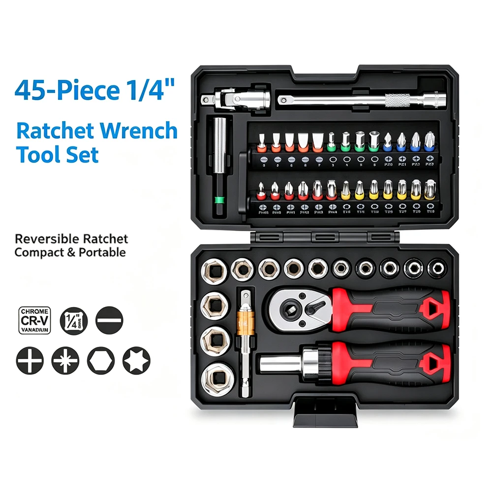 45Pcs Magic Box Ratchet Socket Screwdriver Bit Set Precision Repair Tool Kit Ratchet Wrench Hand Tools for Household Maintenance