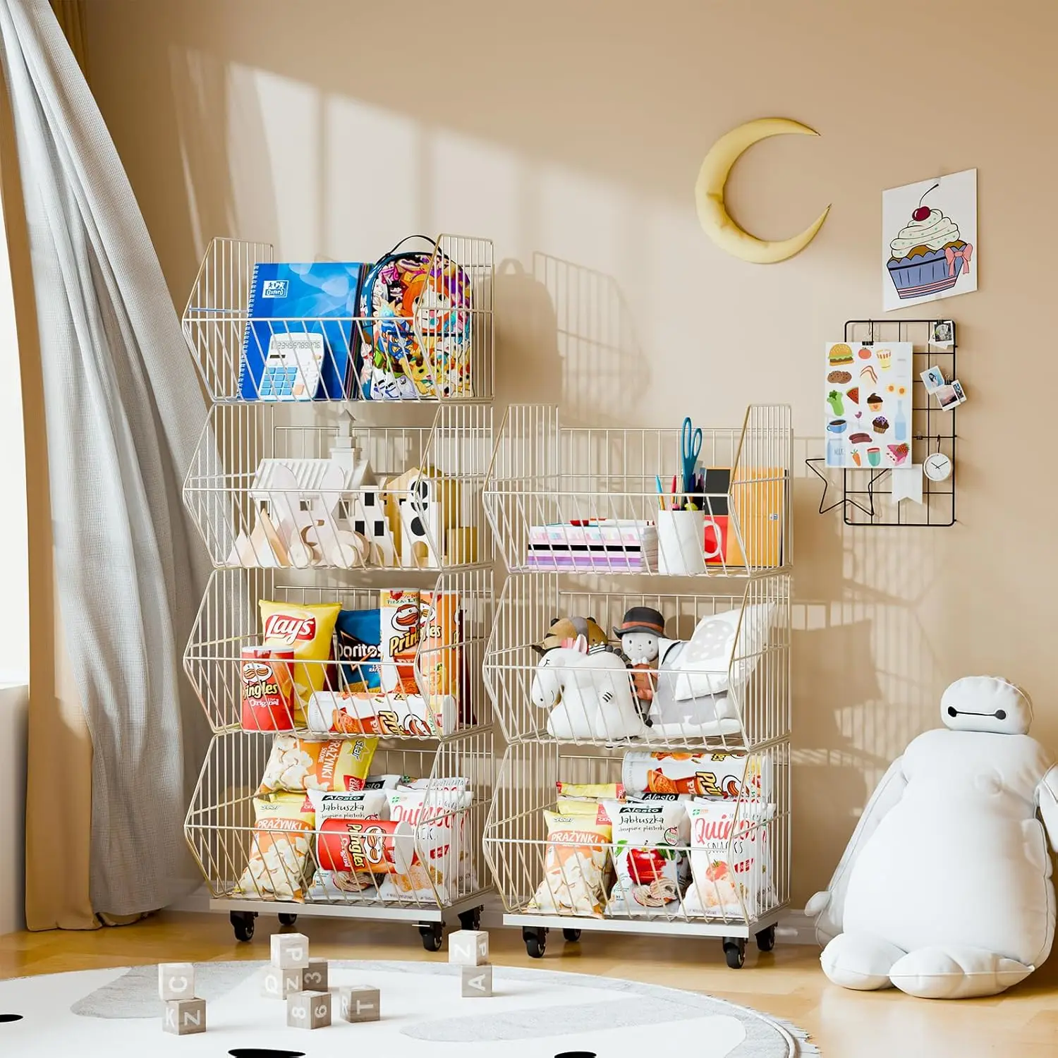 Standing Metal Shelving Unit, Removable Wire Storage Basket with Wheels, Folding Shoe Racks, Organizer for Kitchen Garage Pantry