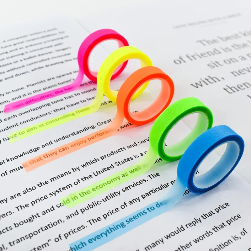 5 Rollen transparente fluoreszierende Index-Tabs, Flaggen, 5 Farben, Buchanmerkungen, Haftnotizen, Textmarker, Klebeband, Schul- und Bürobedarf