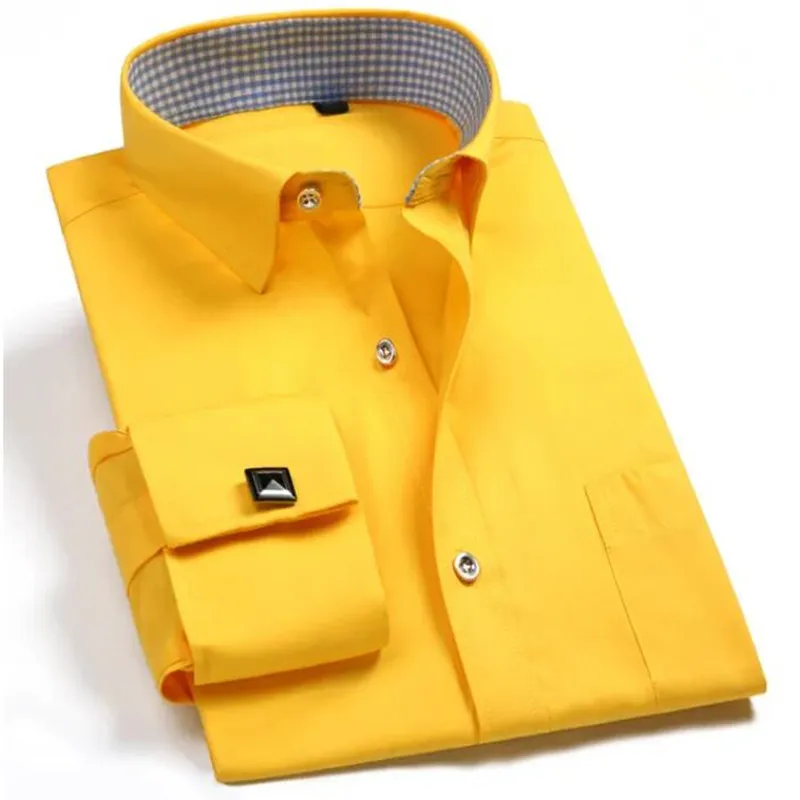 2024 New M~6XL Men\'s French Cuff Dress Shirt Yellow -White-Purple-Black Long Sleeve Formal Business Buttons Regular Fit Comfort