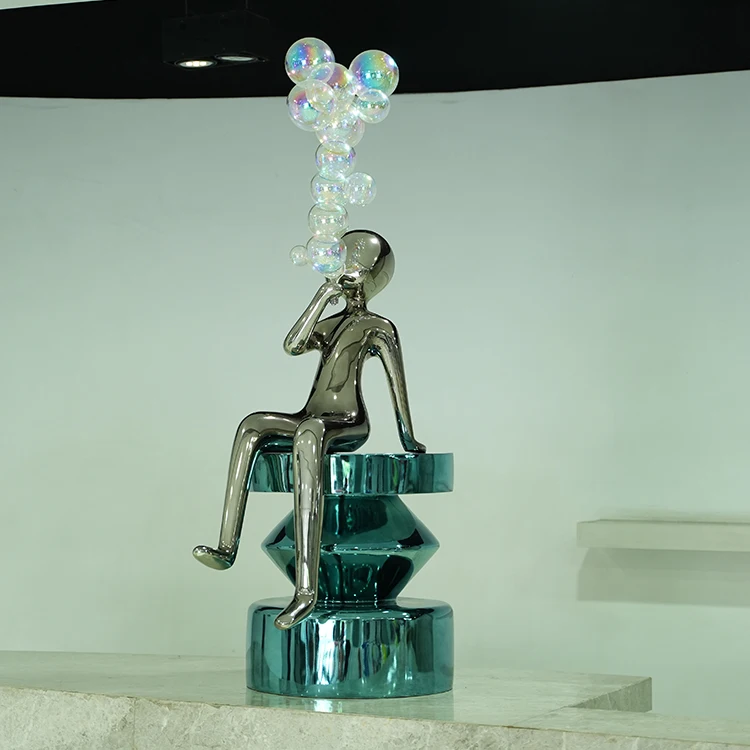 Modern Luxury Polished Electroplated Stainless Steel Abstract Bubble Man Sculpture for Hotel and Home Decoration