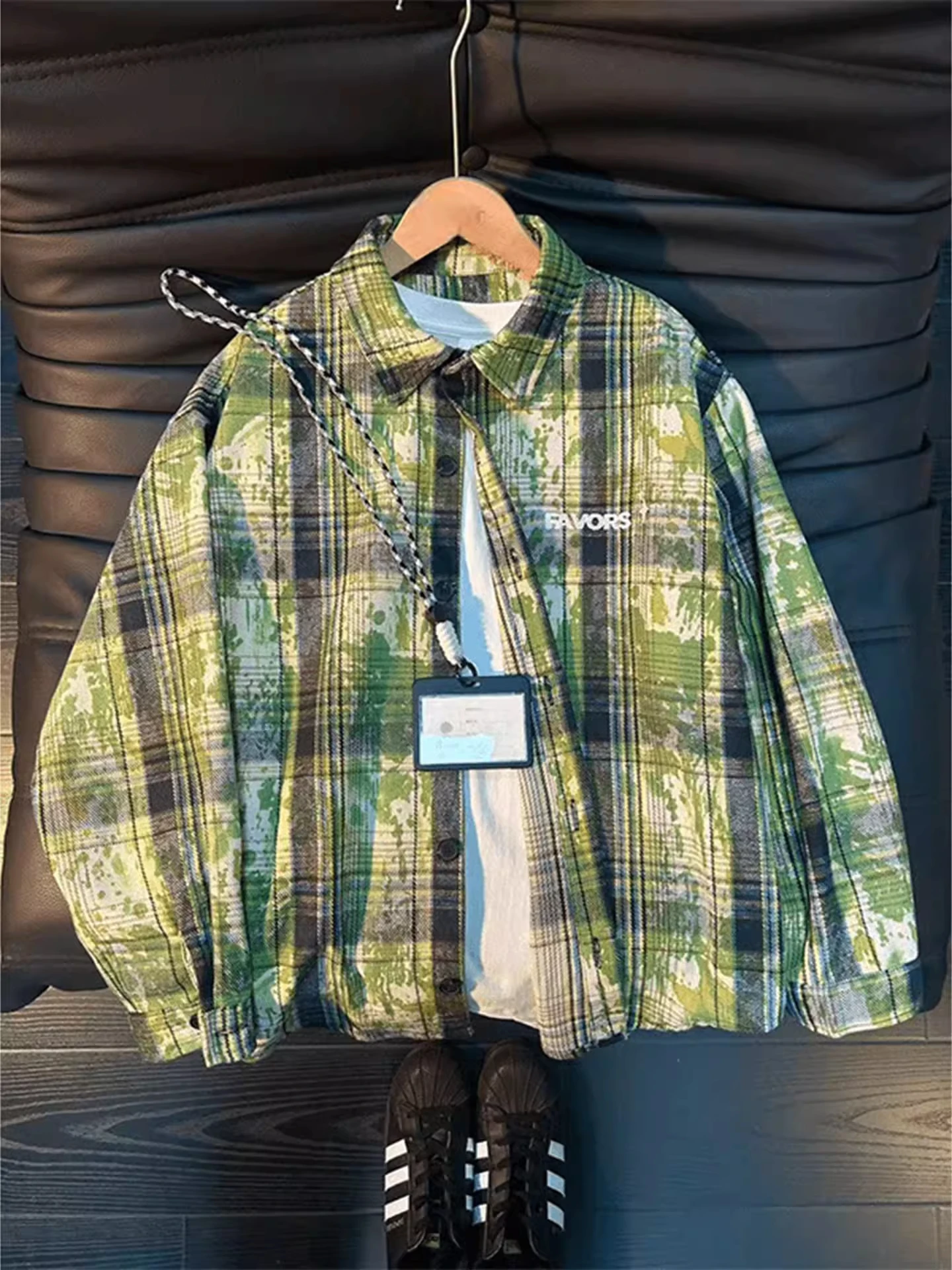 

Vintage Plaid Dyeing Long Sve irt Men's Spring Layering Couple's Jaet Loose Fit Youthful Daily Wear Polyester Fiber