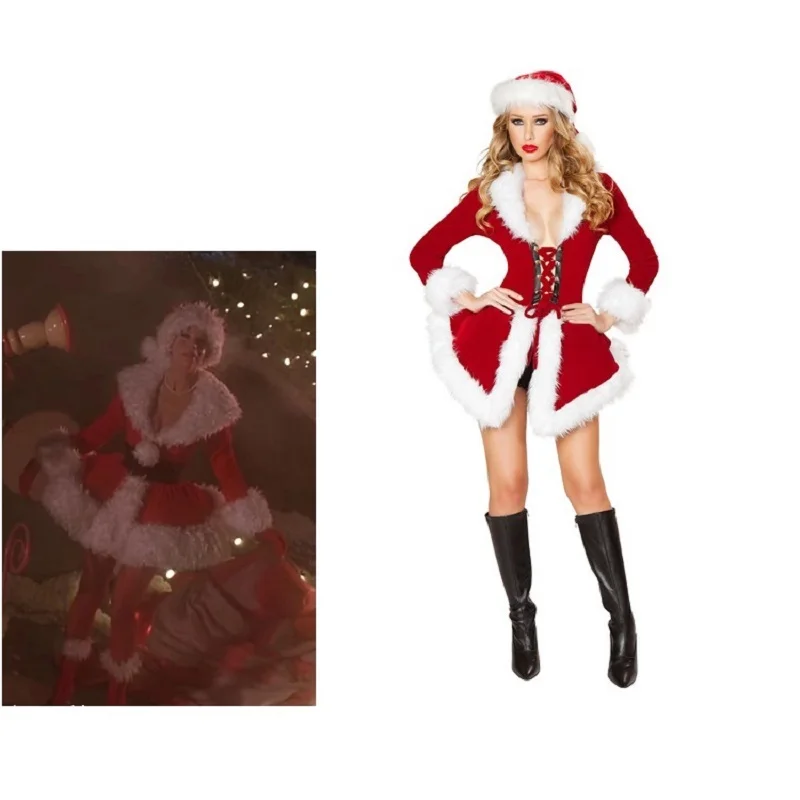 Movie Cosplay Martha May X-mas Christmas Dress with Hat Costume Women Elf Santa Suit Party Halloween Sexy Maid Outfit Set